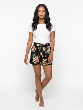 NYCC Women’s Shorts Black Ivory Orange Floral Print Elastic Waist Sz L Hawaiian